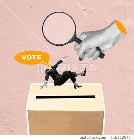 A human hand holding a magnifying glass looking at a falling businesswoman to the ballot box with the head of the speech bubble with vote text 116312073