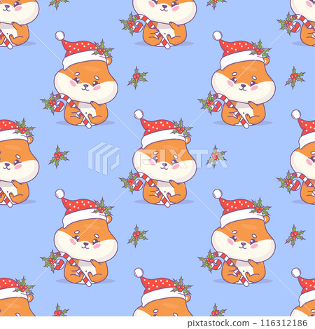 Cute Christmas seamless pattern with cartoon hamster rodent character in Santa hat with striped candy cane on blue background with holly. Vector illustration. Kids collection Cute Christmas seamless pattern with cartoon hamster rodent character in Santa hat with striped candy cane on blue background with holly. Vector illustration. Kids collection 116312186