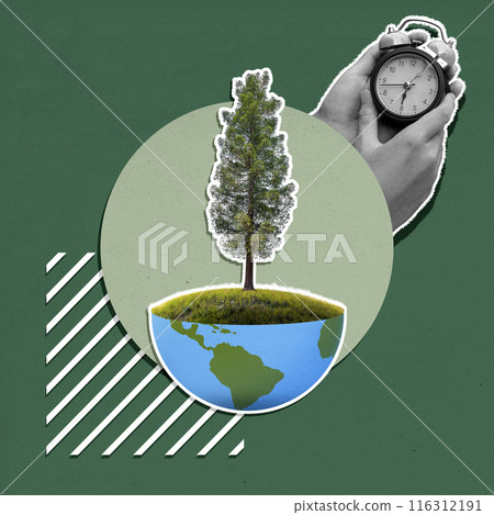 A human hand holding an alarm clock with a growing tree on the ground A human hand holding an alarm clock with a growing tree on the ground 116312191