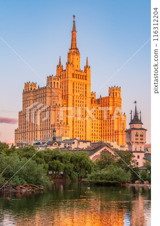 The view on the residential Stalinist high-rise building on Kudrinskaya Square. It is the one of seven Stalinist skyscrapers built in 1947-1954. The view on the residential Stalinist high-rise building on Kudrinskaya Square. It is the one of seven Stalinist skyscrapers built in 1947-1954. 116312204