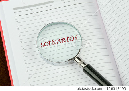 SCENARIOS word written through a magnifying glass on a notepad page SCENARIOS word written through a magnifying glass on a notepad page 116312493