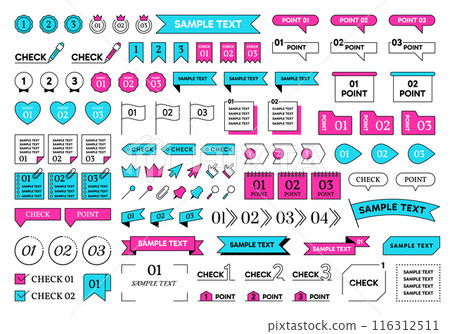 Text frames. Title design icons, check point box or ribbon, bullet and number banner figures, memo flags stickers. Decorative elements for presentation and infographic. Vector simple lines set 116312511
