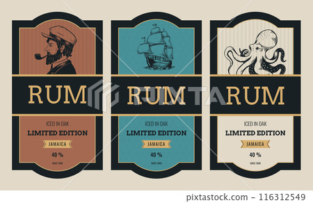 Rum label. Whiskey or gin bottle. Liquor drink tag. Retro old alcohol sign. Premium frame with ship captain. Pub beverage badge. Caribbean quality. Vector classic design stickers set 116312549