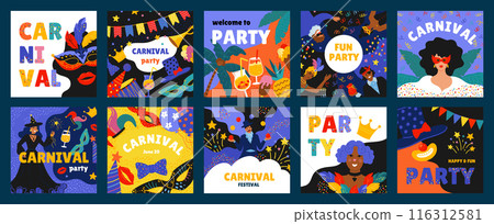 Carnival poster. Festival party costume, festive music people dance in circus or concert, happy woman. Music Brazilian fest. Cartoon flat style isolated illustration set. Vector backgrounds 116312581