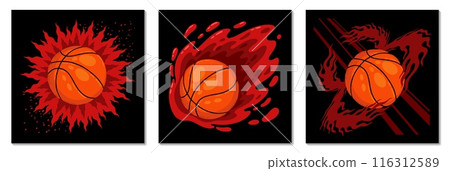 Basketball ball. Sport player logo. Speed meteor shot into basket hoop. Streetball game. Grunge college of street club Fireball fly. Burning orange sphere. Hot championship vector icons set 116312589