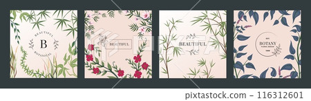 Floral poster set. Frame with copy space. Flower and tropical leaves botanical design. Spring wedding invitation design. Square background. Social media post, card or cover. Vector illustration Floral poster set. Frame with copy space. Flower and tropical leaves botanical design. Spring wedding invitation design. Square background. Social media post, card or cover. Vector illustration 116312601