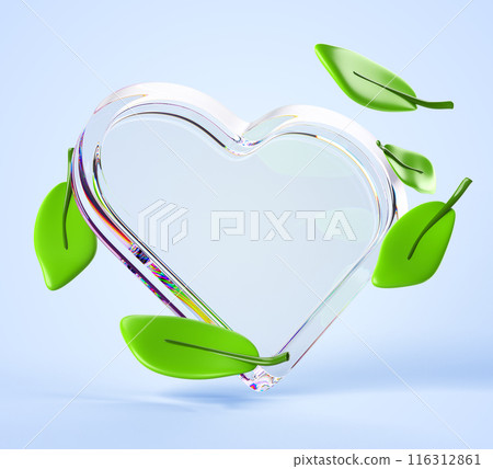 Glass transparent frame in heart shape with green leaves flying in air 3d render. Nature eco banner mockup, empty clear love plate with plant leaf. Ecology, environment, vegan symbol. 3D illustration 116312861