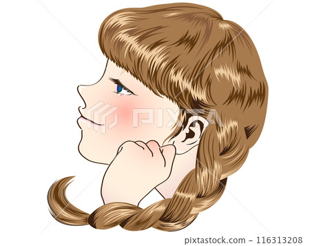 一個綁著馬尾的女孩，下巴靠在背上，若有所思地看著什麼 116313208