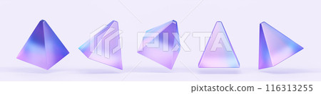 Hologram pyramid geometric shape in different angle 3d render icon set. Abstract translucent triangle figure of glass or plastic with iridescent neon hologram gradient, design element. 3D illustration 116313255
