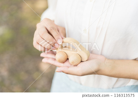 Young woman with a wooden model car 116313575