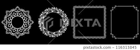 Set of decorative frames Elegant vector element for design in Eastern style, place for text. Floral black and white borders. Lace illustration for invitations and greeting cards. Set of decorative frames Elegant vector element for design in Eastern style, place for text. Floral black and white borders. Lace illustration for invitations and greeting cards. 116313845