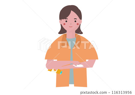 Woman applying sunscreen. Sun protection. Sun protection. Sun cream. Summer skin care. Vector illustration 116313956