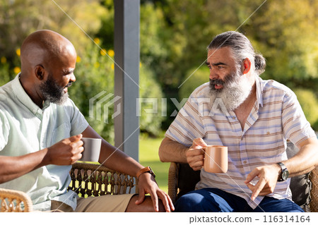 Drinking coffee and having conversation, senior friends enjoying time outdoors together 116314164