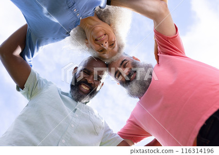 Group of senior friends huddling outdoors, smiling and enjoying time together 116314196