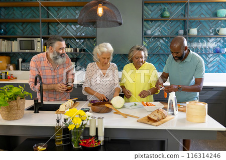 At home, Diverse group of senior friends preparing vegetables together in modern kitchen At home, Diverse group of senior friends preparing vegetables together in modern kitchen 116314246