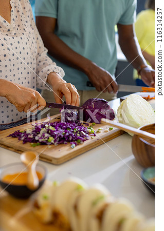 At home, Chopping purple cabbage, senior friends preparing meal together in kitchen At home, Chopping purple cabbage, senior friends preparing meal together in kitchen 116314257