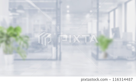 Blurred empty open space office. Abstract light bokeh at office interior background for design. Blurred empty open space office. Abstract light bokeh at office interior background for design. 116314487