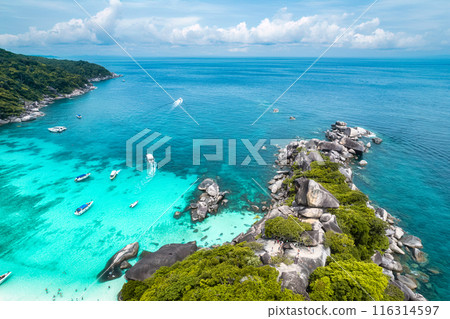 Aerial view of the Similan Islands, Andaman Sea, natural blue waters, tropical sea of Thailand 116314597