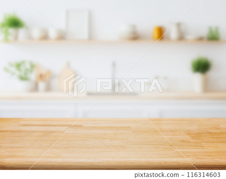 Wood table top on blurred kitchen background. can be used mock up for montage products display or design layout. Wood table top on blurred kitchen background. can be used mock up for montage products display or design layout. 116314603