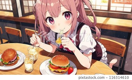 A girl who eats a hamburger 116314610