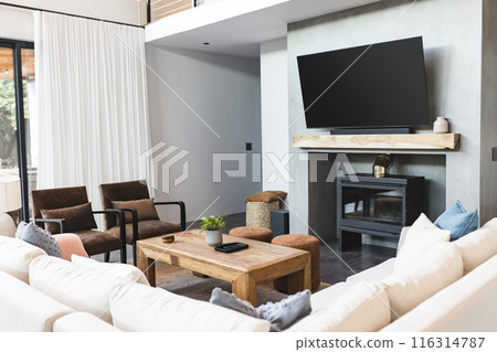 Modern living room with large TV, cozy seating, and wooden coffee table, copy space Modern living room with large TV, cozy seating, and wooden coffee table, copy space 116314787