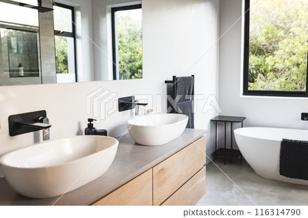 Modern bathroom with double sinks, wooden cabinets, and freestanding bathtub, copy space Modern bathroom with double sinks, wooden cabinets, and freestanding bathtub, copy space 116314790