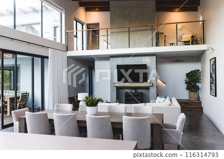 Modern living room with large dining table, cozy seating area, and indoor plants, copy space 116314793