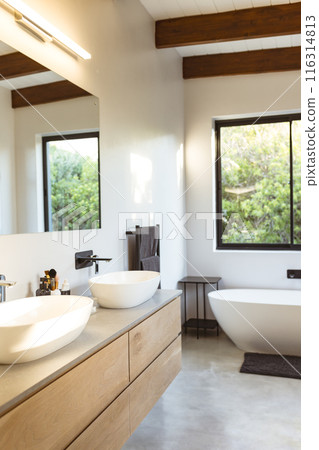 Modern bathroom with double sinks, large mirror, and freestanding bathtub Modern bathroom with double sinks, large mirror, and freestanding bathtub 116314813