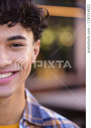 Smiling teenage boy with curly hair wearing plaid shirt, close-up portrait Smiling teenage boy with curly hair wearing plaid shirt, close-up portrait 116314822