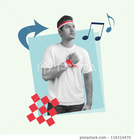 Young man showing patriotism with indonesia flag symbol while listening music 116314870