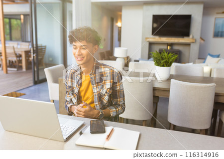 Smiling teenage boy using laptop and taking notes at home office desk, copy space Smiling teenage boy using laptop and taking notes at home office desk, copy space 116314916