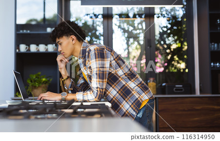 Using laptop in kitchen, teenage boy concentrating on schoolwork 116314950