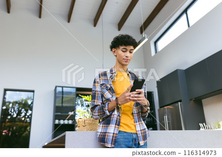 Using smartphone, teenage boy standing in modern kitchen, checking messages Using smartphone, teenage boy standing in modern kitchen, checking messages 116314973