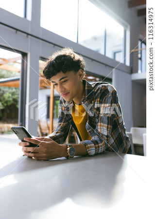 Using smartphone, teenage boy sitting at table in modern home setting Using smartphone, teenage boy sitting at table in modern home setting 116314975