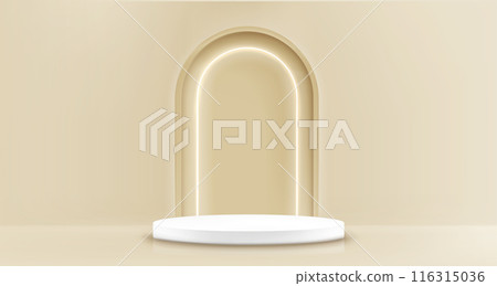 Product podium with neon glowing decorative arch 116315036