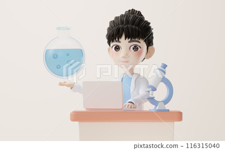 3D cartoon female analyst with chemical vessel, 3d 116315040