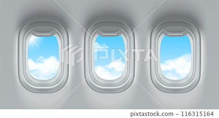 Plane windows with blue sky view Plane windows with blue sky view 116315164