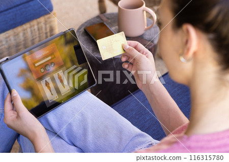 Online shopping, woman holding credit card and using tablet at home Online shopping, woman holding credit card and using tablet at home 116315780