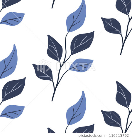 Seamless pattern. Simple Plant. Simple branch blue leaves. White background. Decorative ornament in Scandinavian style. Hand drown. Flat vector illustration Seamless pattern. Simple Plant. Simple branch blue leaves. White background. Decorative ornament in Scandinavian style. Hand drown. Flat vector illustration 116315792