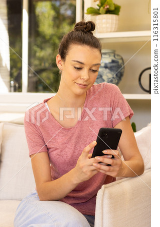 Using smartphone, young woman sitting on couch at home, relaxing 116315801