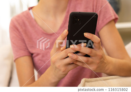Holding smartphone, woman in pink shirt texting and browsing at home 116315802