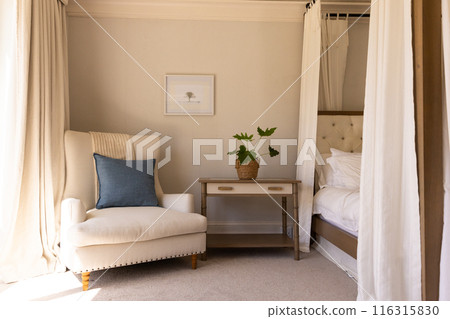 Cozy bedroom with armchair, bedside table, and potted plant for relaxation, copy space Cozy bedroom with armchair, bedside table, and potted plant for relaxation, copy space 116315830