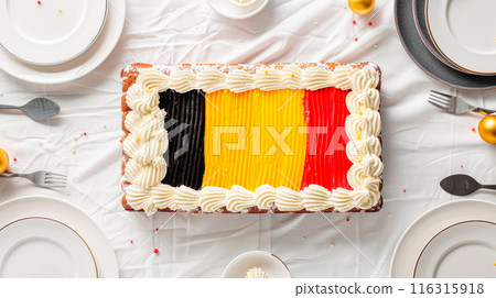 cake with Belgium flag. dessert for National Independence Day, top view, copy space 116315918