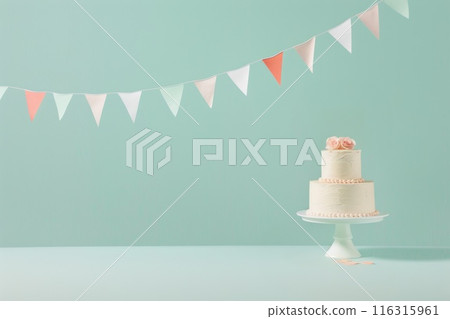 Composition with birthday or wedding cake on mint background, copy space Composition with birthday or wedding cake on mint background, copy space 116315961