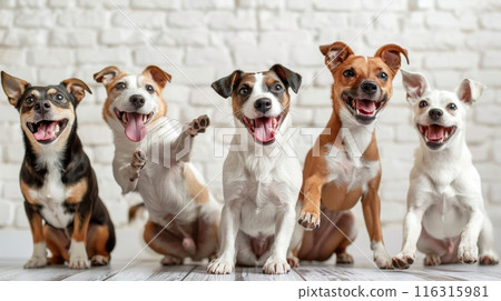 Happy dancing puppys on the white brick wall background 116315981
