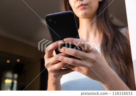 Texting and browsing internet, woman holding smartphone at home Texting and browsing internet, woman holding smartphone at home 116316031