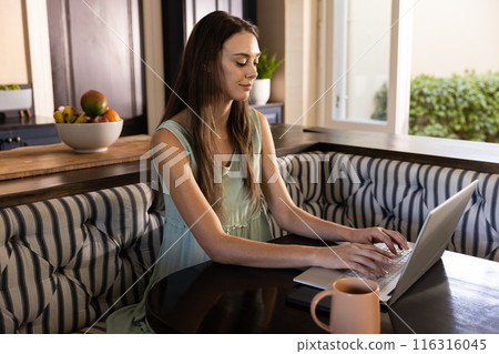 Typing on laptop, young woman working from home in cozy kitchen nook Typing on laptop, young woman working from home in cozy kitchen nook 116316045