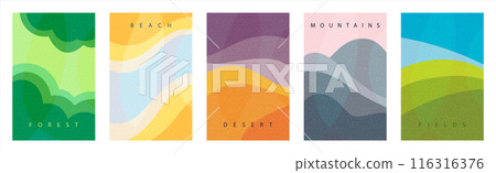 Vector summer templates, season, landscepes, nature. Simple creative layout. Background of Forest, Beach, Desert, Mountains, Fields. Modern creative cards set, minimalist style illustrations Vector summer templates, season, landscepes, nature. Simple creative layout. Background of Forest, Beach, Desert, Mountains, Fields. Modern creative cards set, minimalist style illustrations 116316376