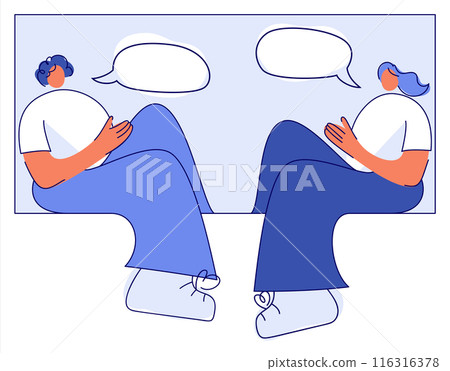Illustration of two people, man and woman, conversation, dialog, speech bubble. Flat minimalist style, vector template illustration isolated on white background. 116316378
