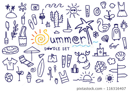 Summer doodle hand drawn set, set of elements, vector set. Beach party, sea, travel, vacation. Illustration of tropical leaves, fruits cocktails sketches, sand castles, swimsuits, ice creams etc. 116316407